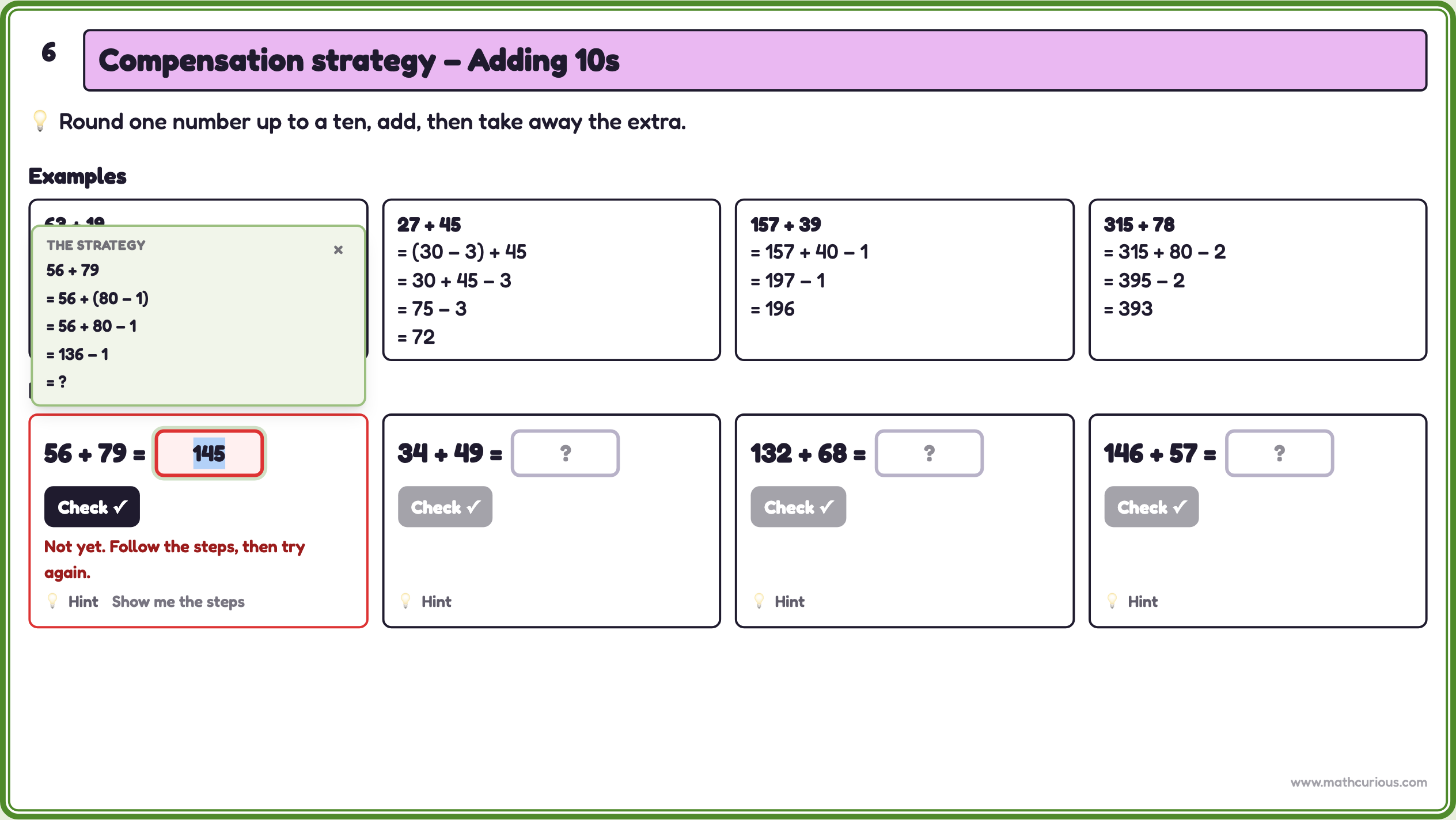 After a second wrong answer, the worked steps for 56 + 79 appear with the last line hidden
