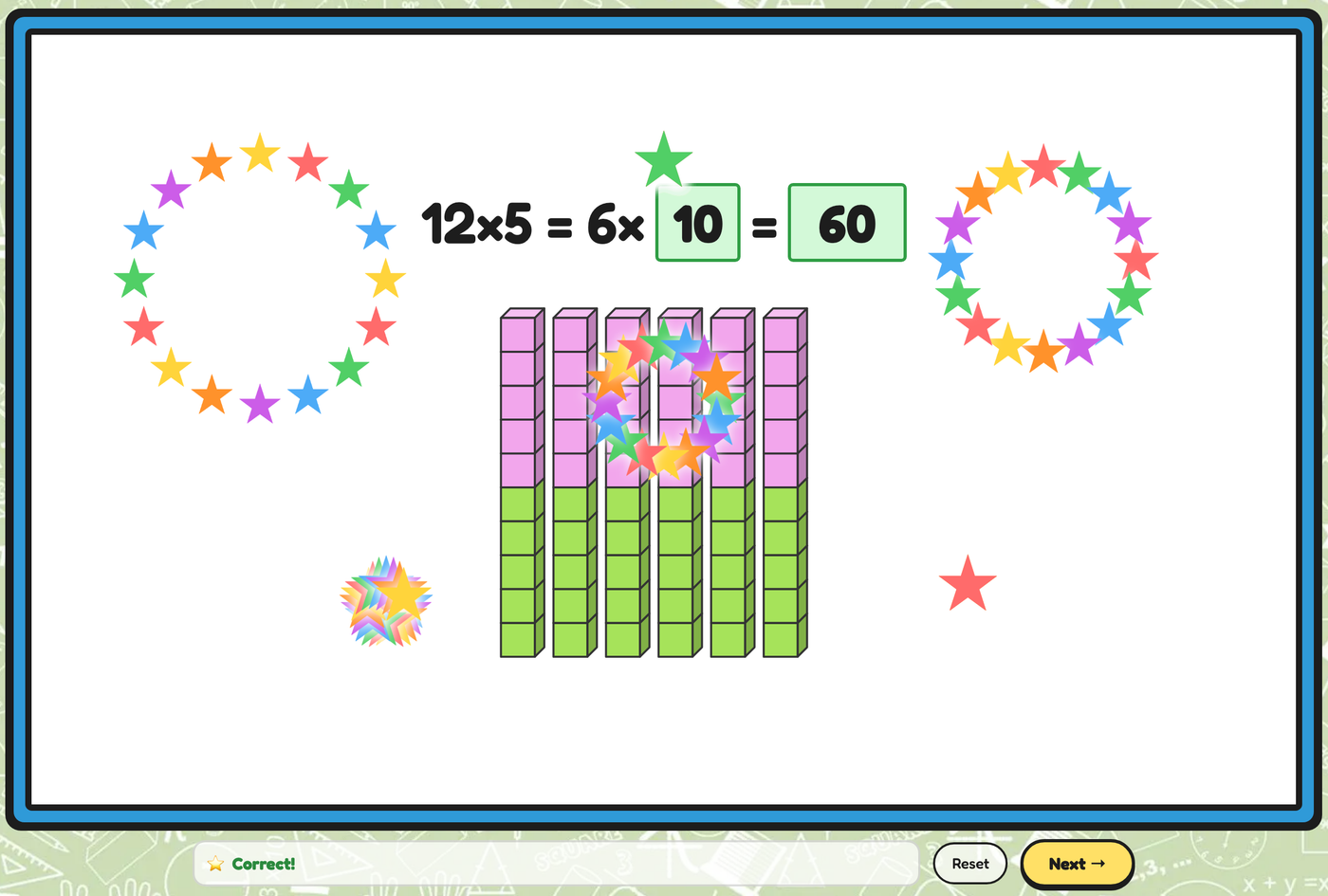 12 × 5 = 6 × 10 = 60, shown with six rods of ten cubes, and Correct!