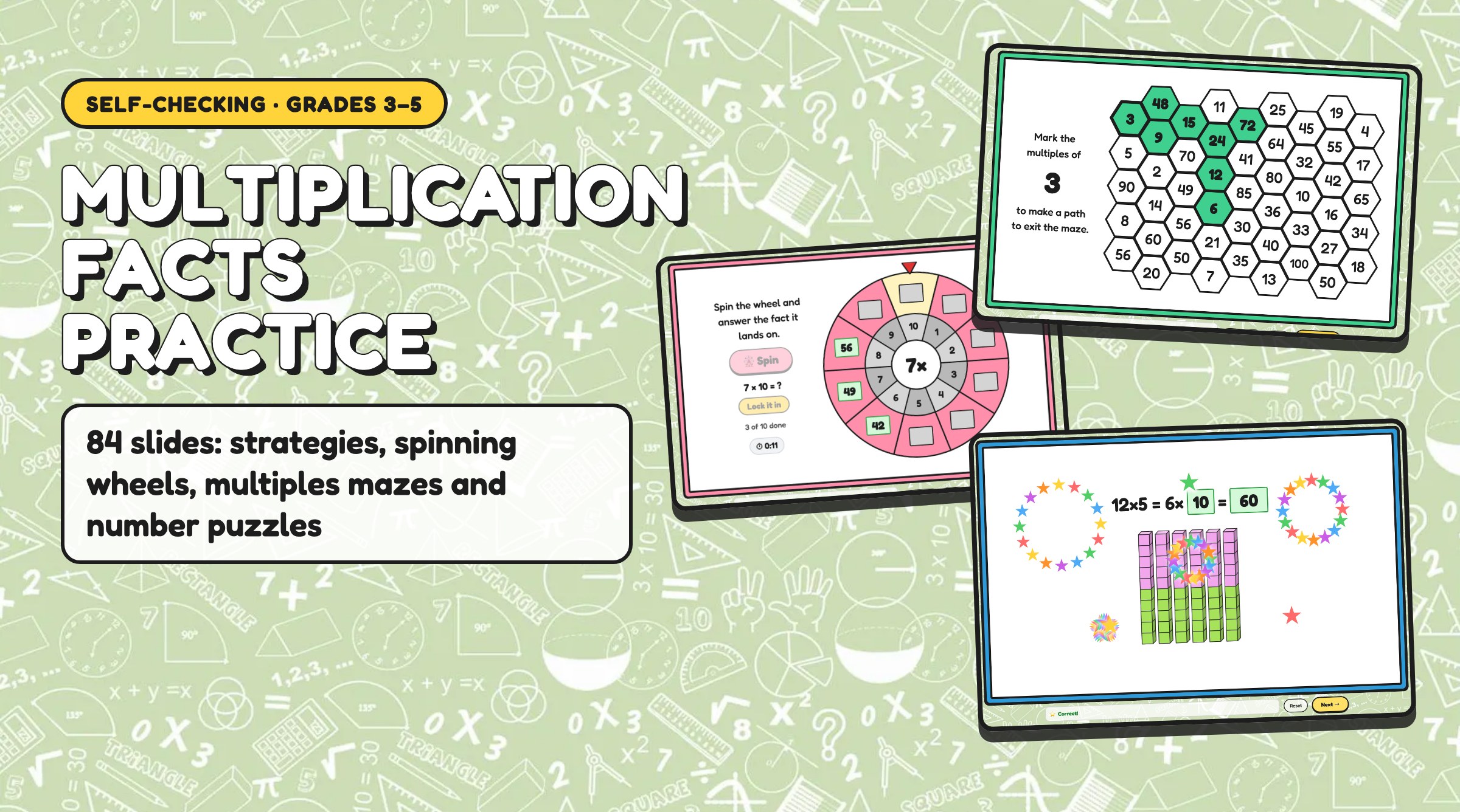 Multiplication Facts Practice: 84 Self-Checking Slides with Wheels, Mazes and Puzzles