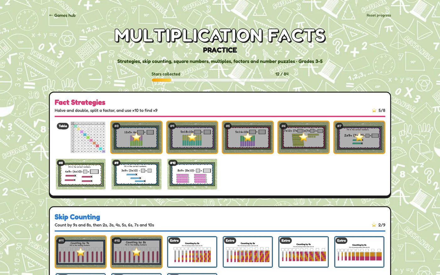The Multiplication Facts Practice menu with slides grouped by section and stars on the solved ones