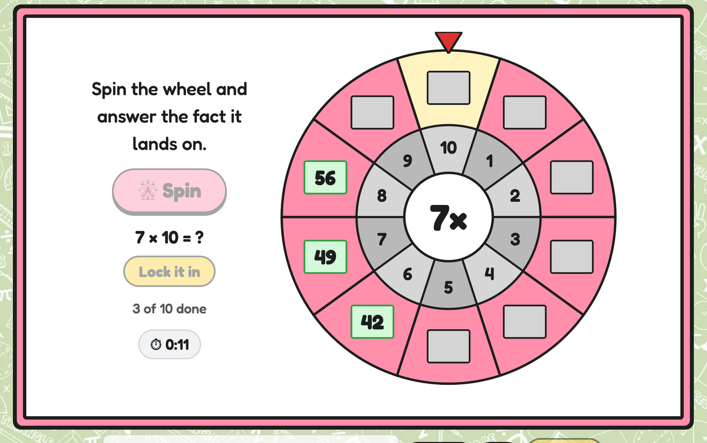 A 7× multiplication wheel spinning to land on 7 × 10, with three facts locked in and a timer