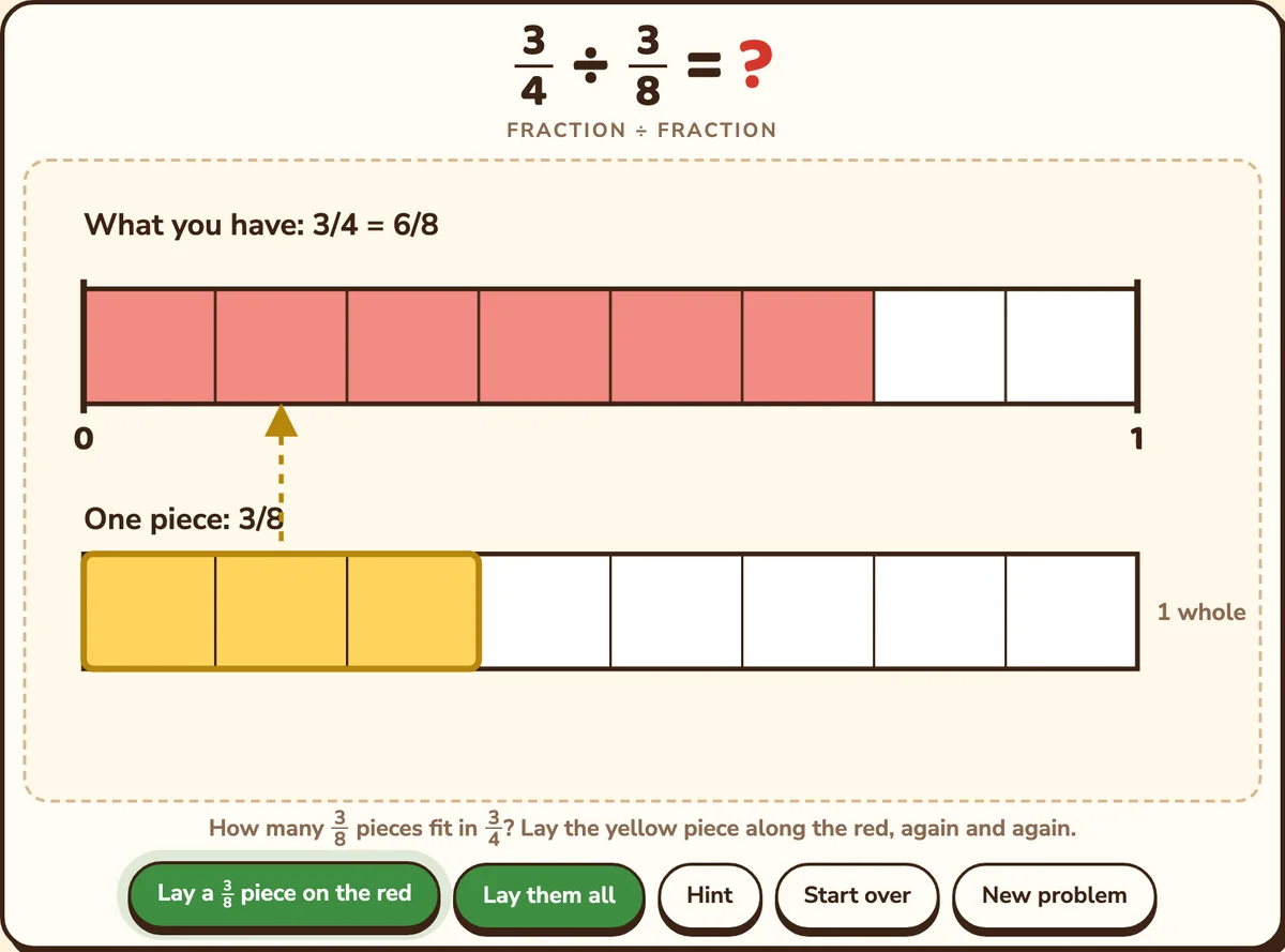 What you have: 3/4 = 6/8 on a red bar; one piece: 3/8 on a yellow bar