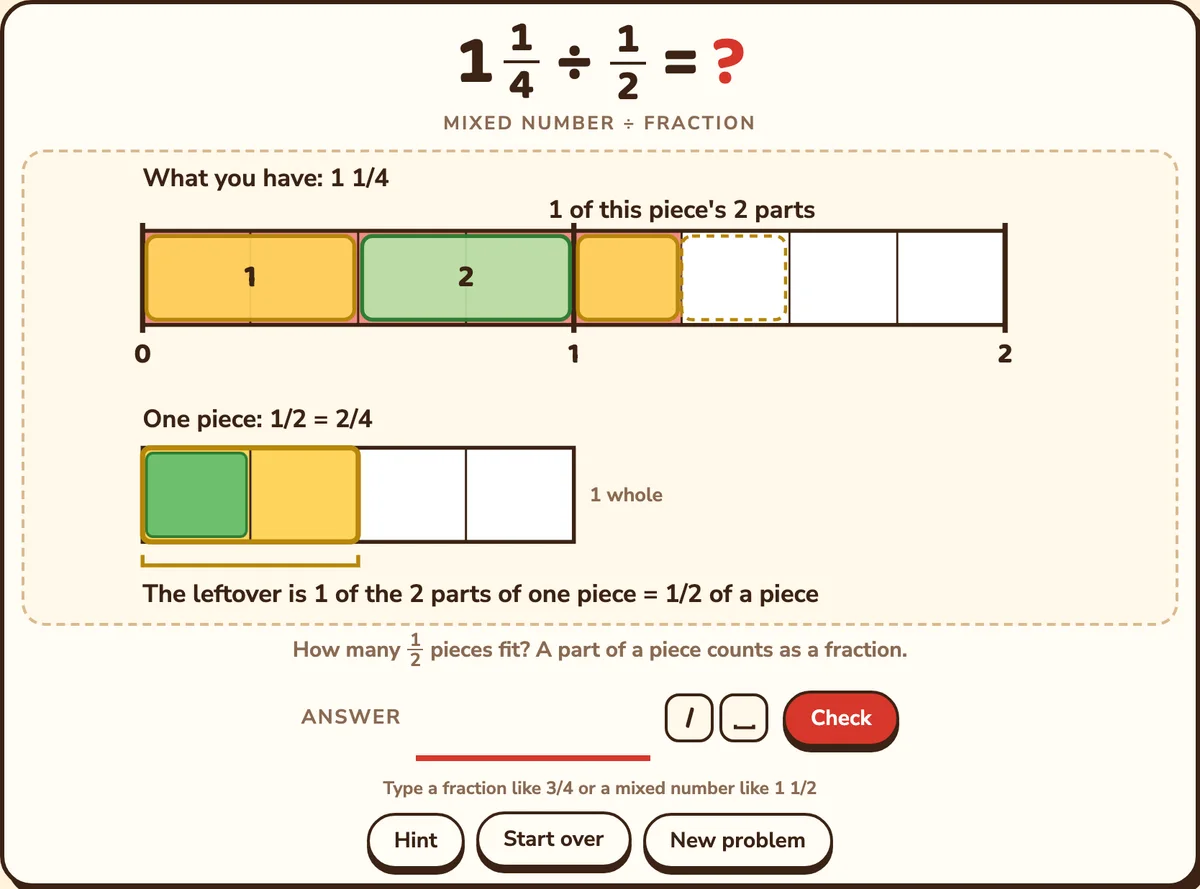 1 1/4 ÷ 1/2 on a two-whole bar: 2 pieces and half a piece fit