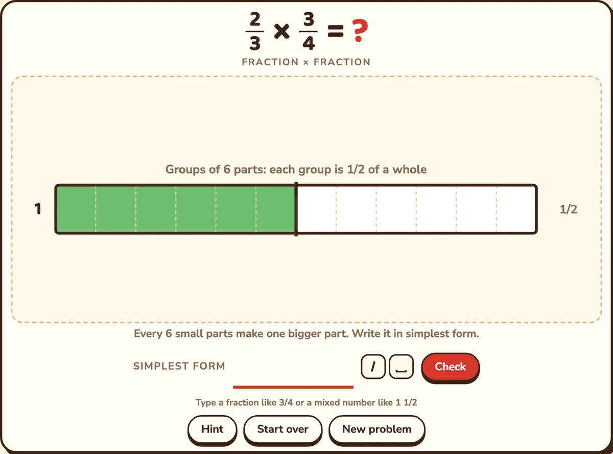 A fraction bar with 6 of 12 parts shaded, grouped into halves: 1/2