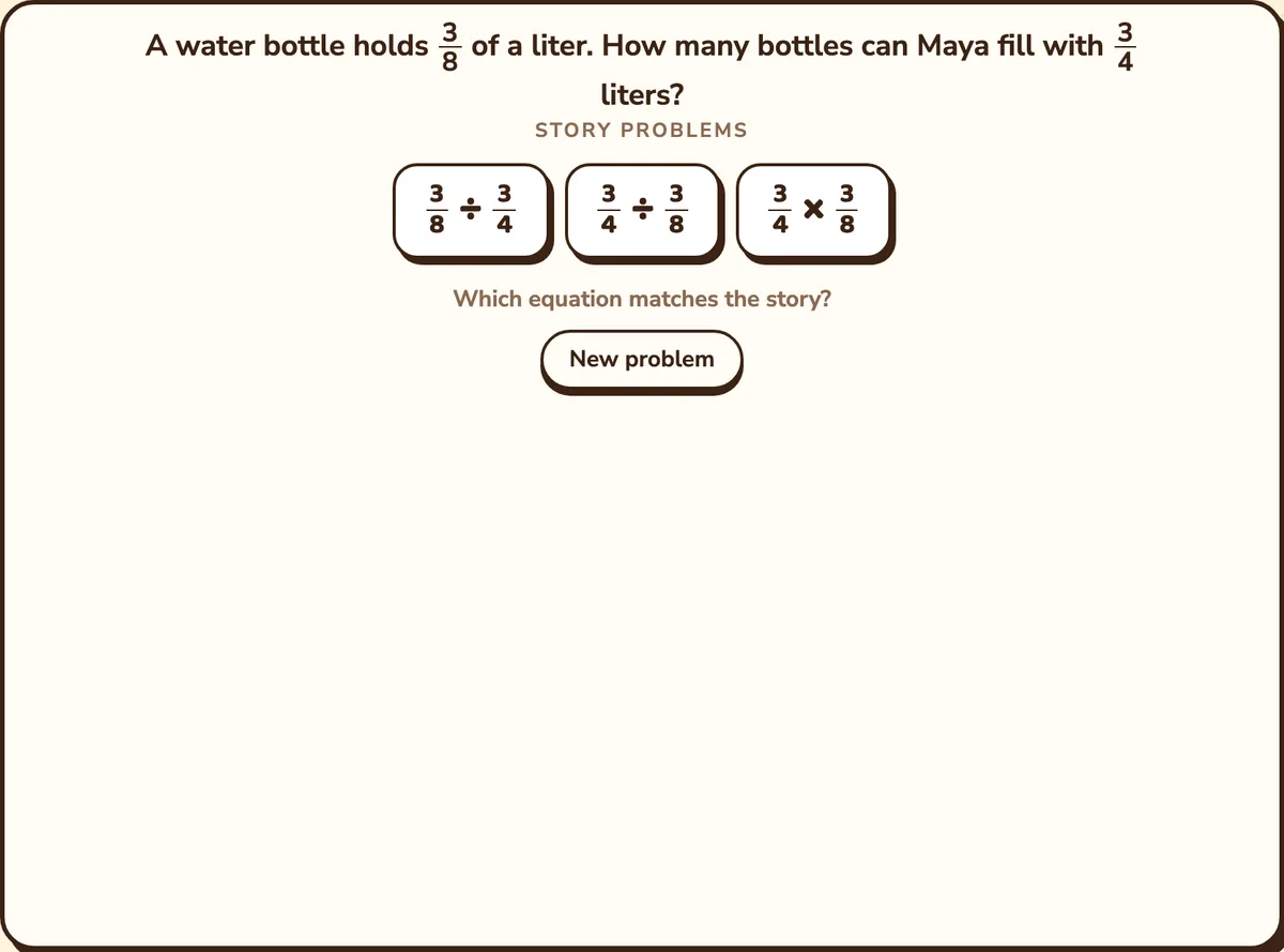 A story problem about water bottles with three equations to choose from