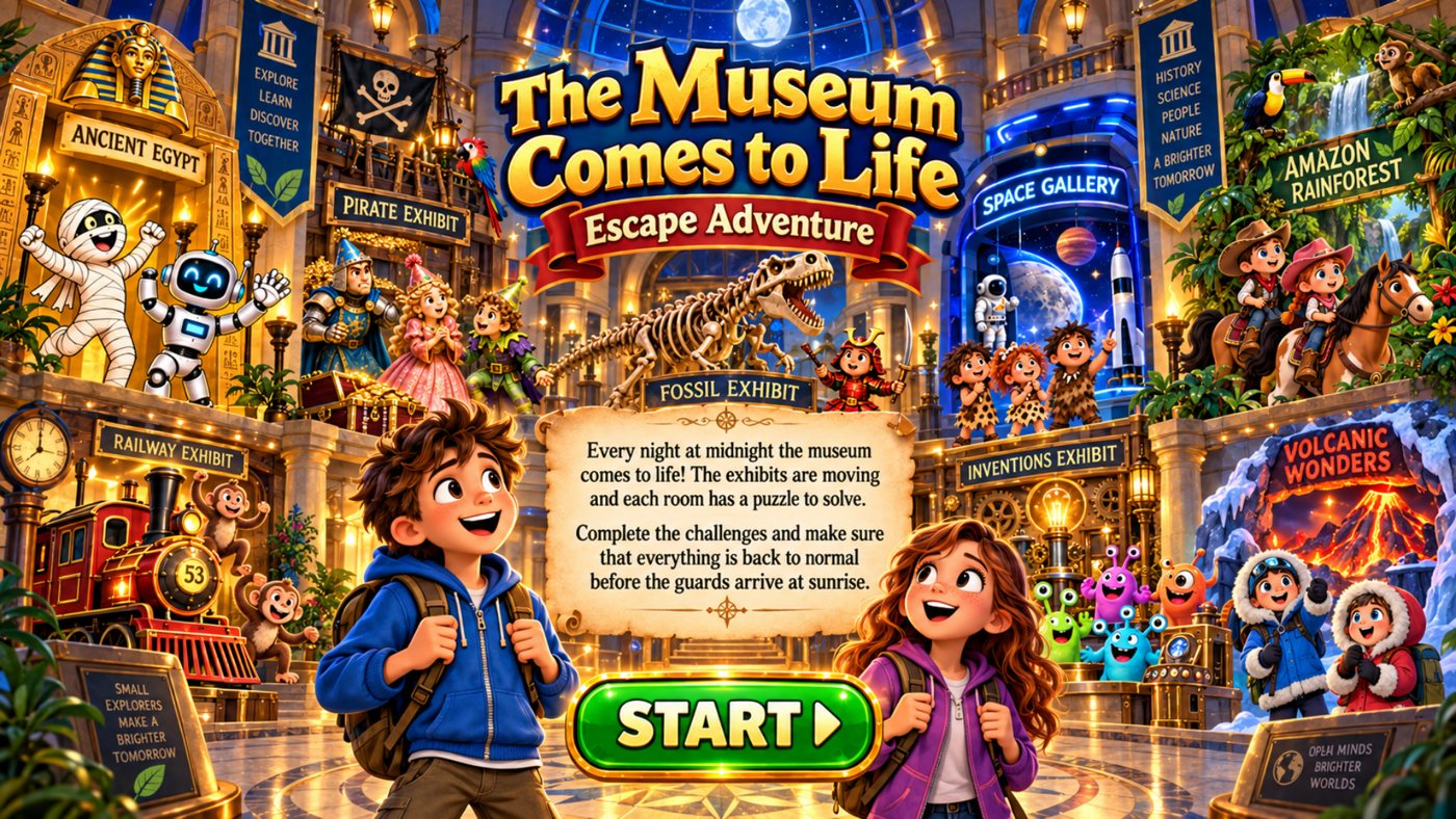 The Museum Comes to Life division escape room title screen, showing the eight museum exhibits