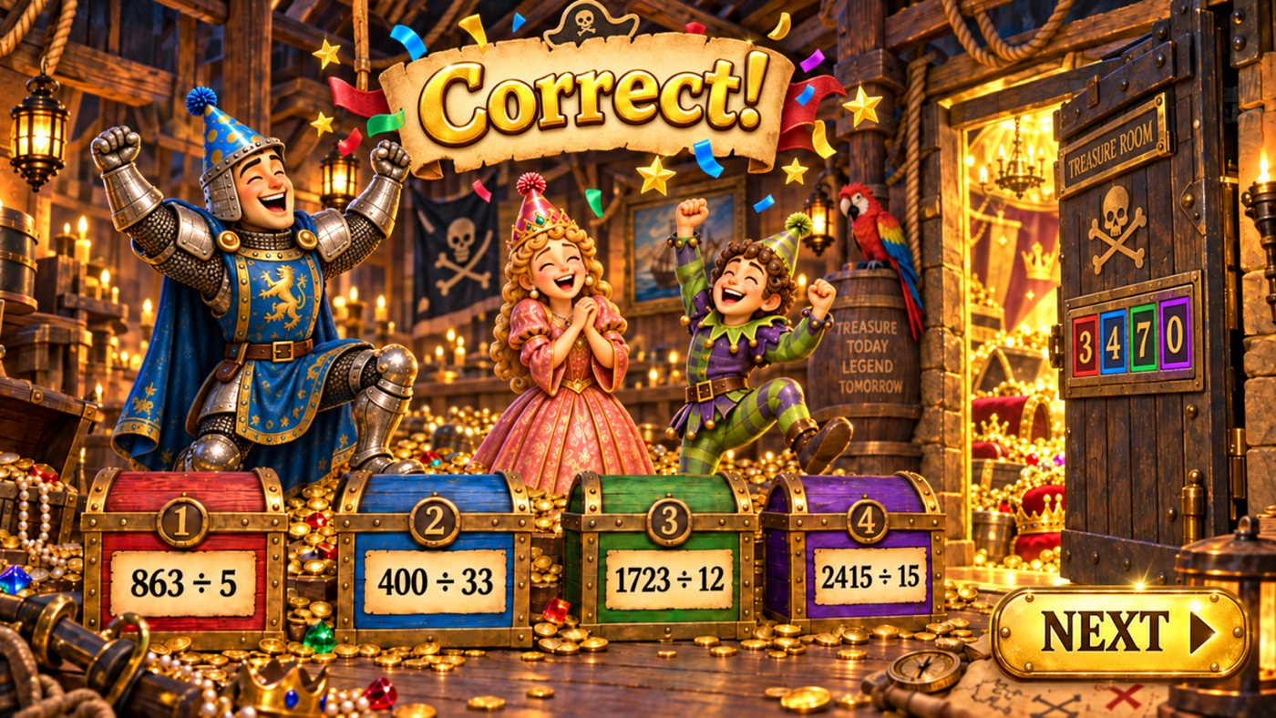The Pirate Exhibit Correct! screen, with the treasure room code 3 4 7 0 shown on the door