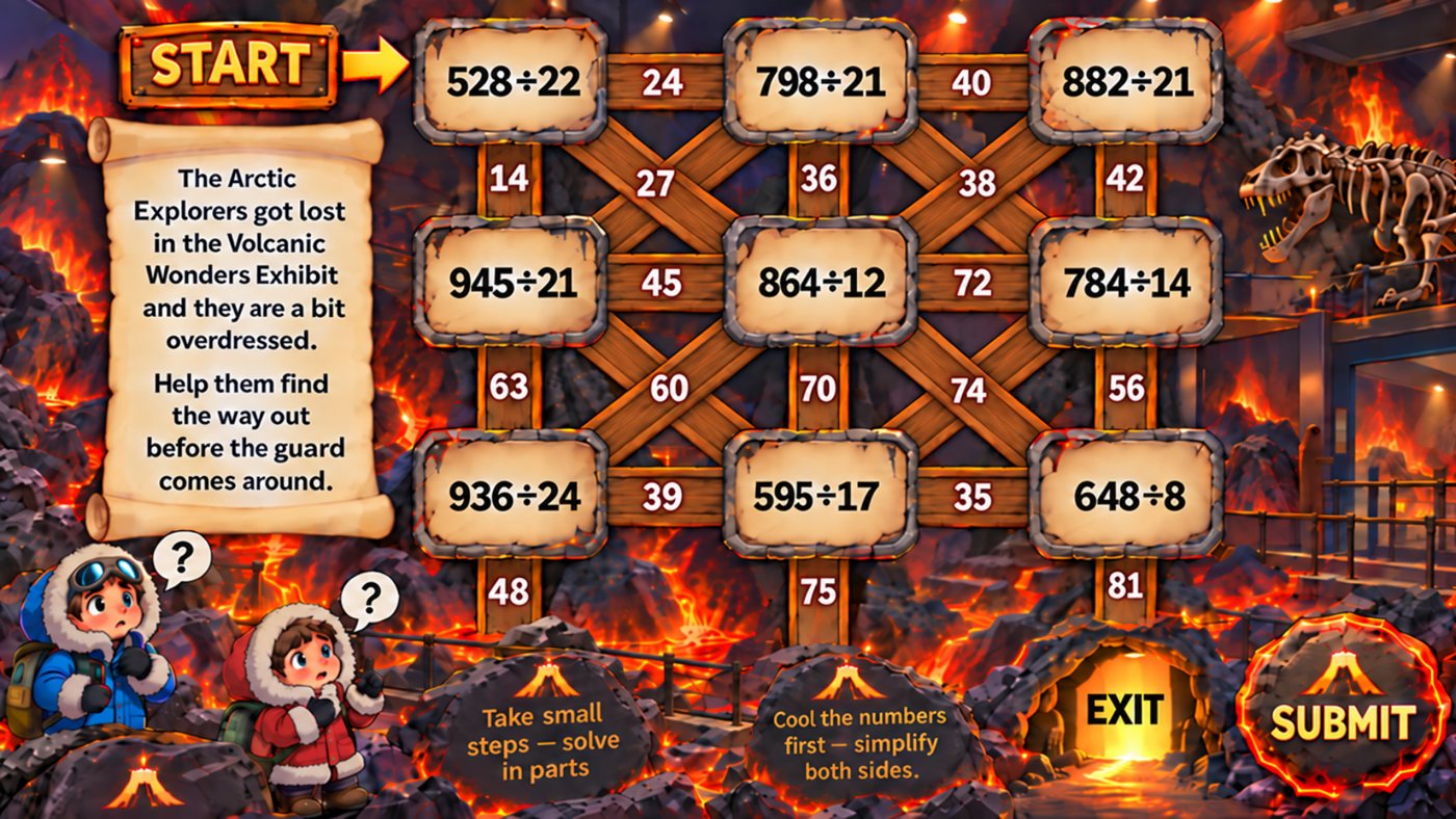 The Volcanic Wonders lava maze room, with divisions in boxes joined by numbered bridges