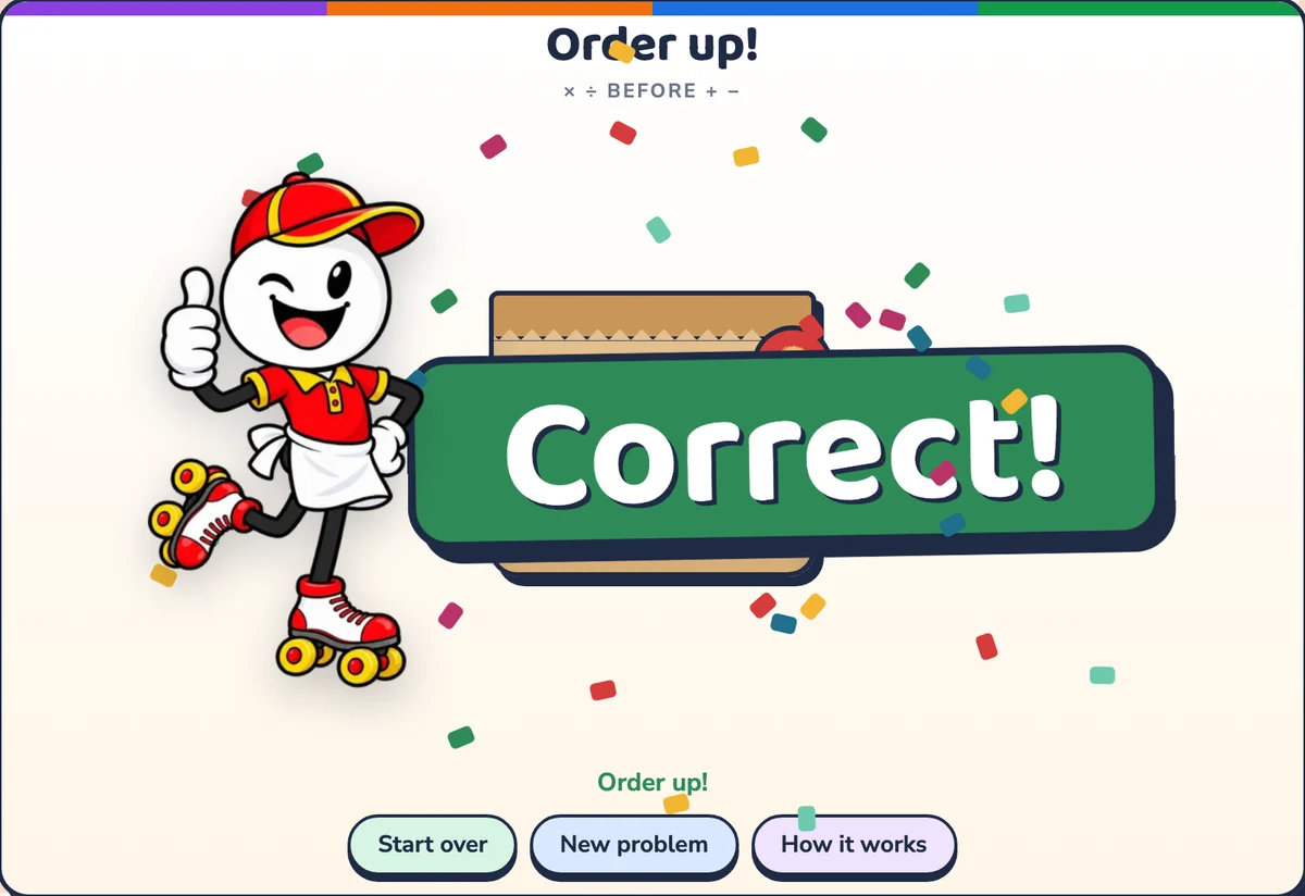 Correct! with a roller-skating server giving a thumbs up