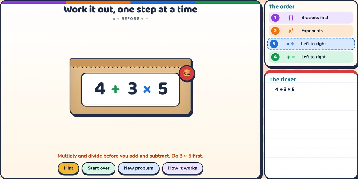 The hint for adding first, with the × ÷ rule outlined on the order card