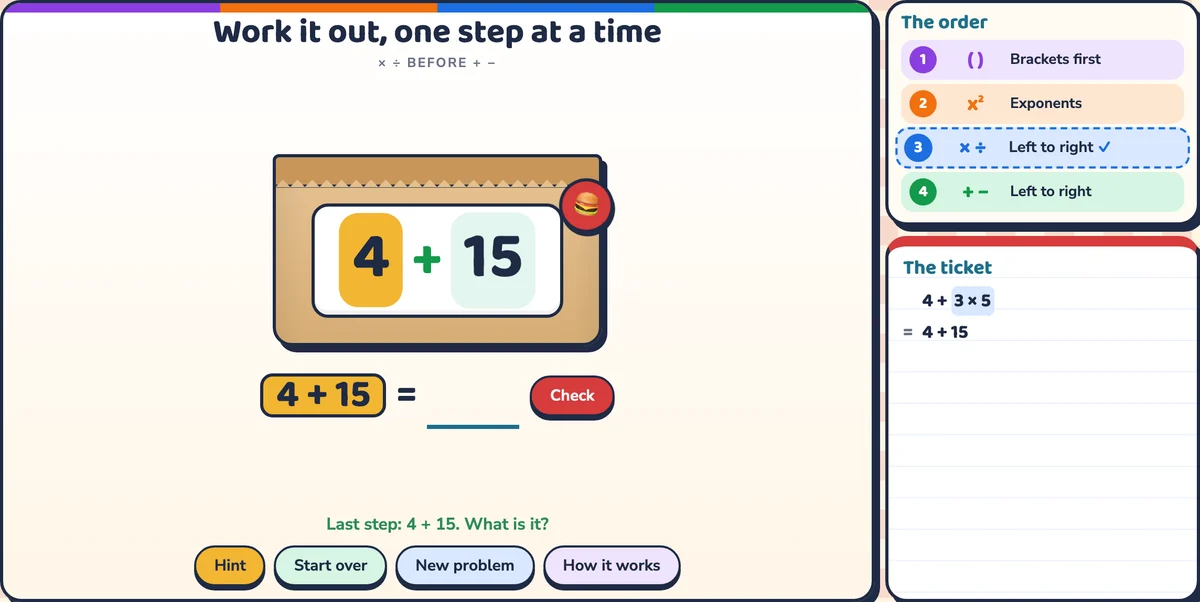 The last step, 4 + 15, picked automatically, with the order card and the ticket beside it