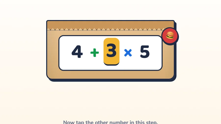 4 + 3 × 5 on a take-away bag, with the 3 selected