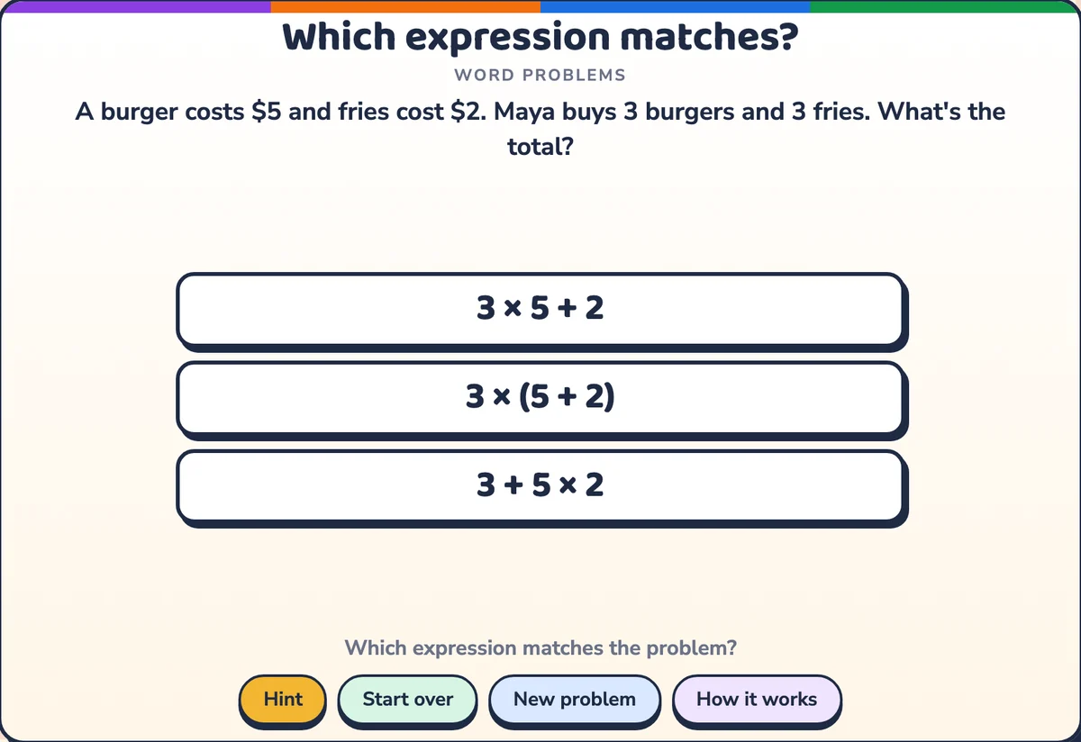 A diner word problem with three expressions to choose from