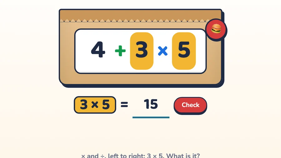 3 × 5 selected, with the answer 15 typed in