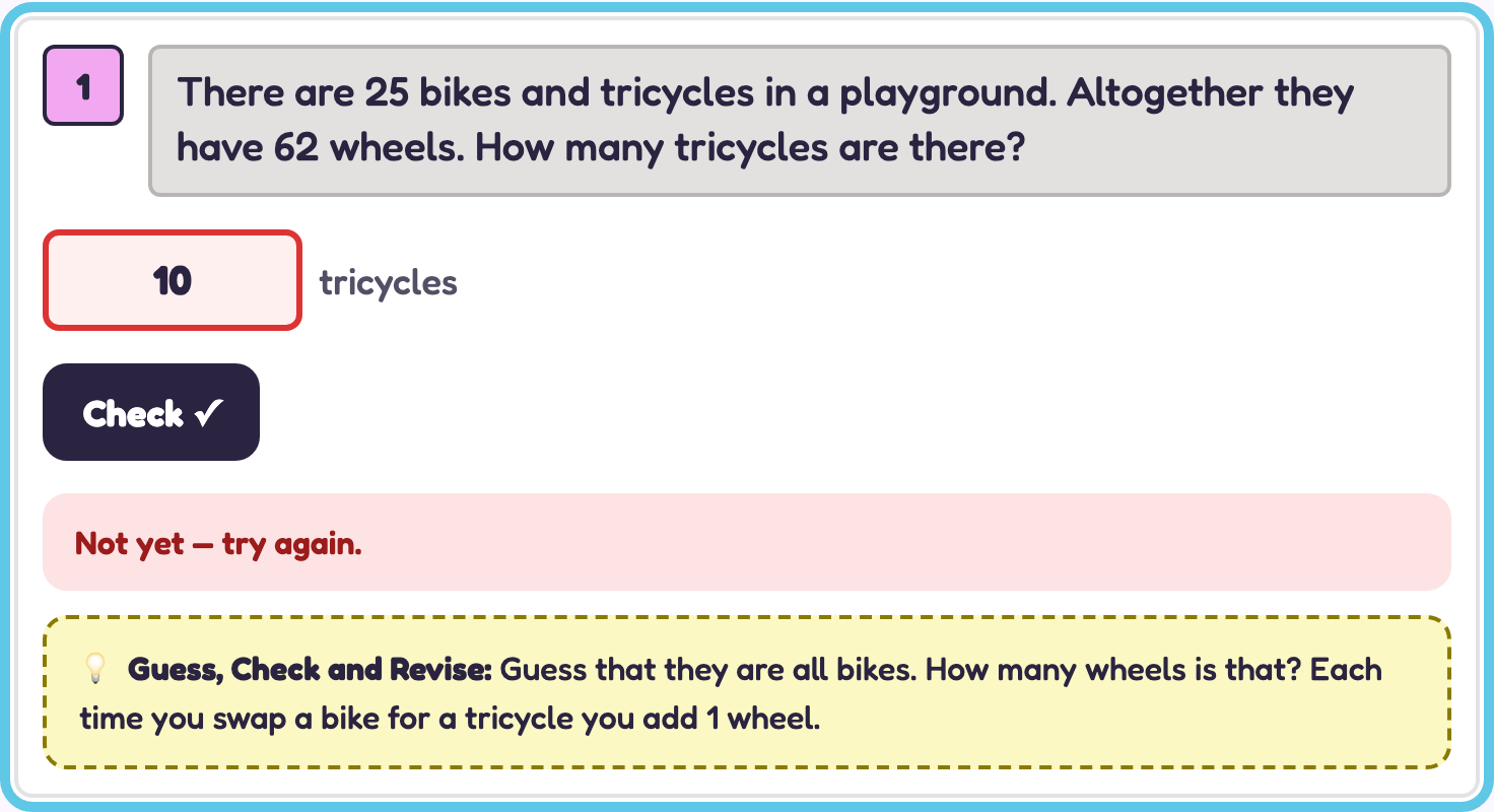 A wrong answer with the box in red and a Guess, Check and Revise hint below