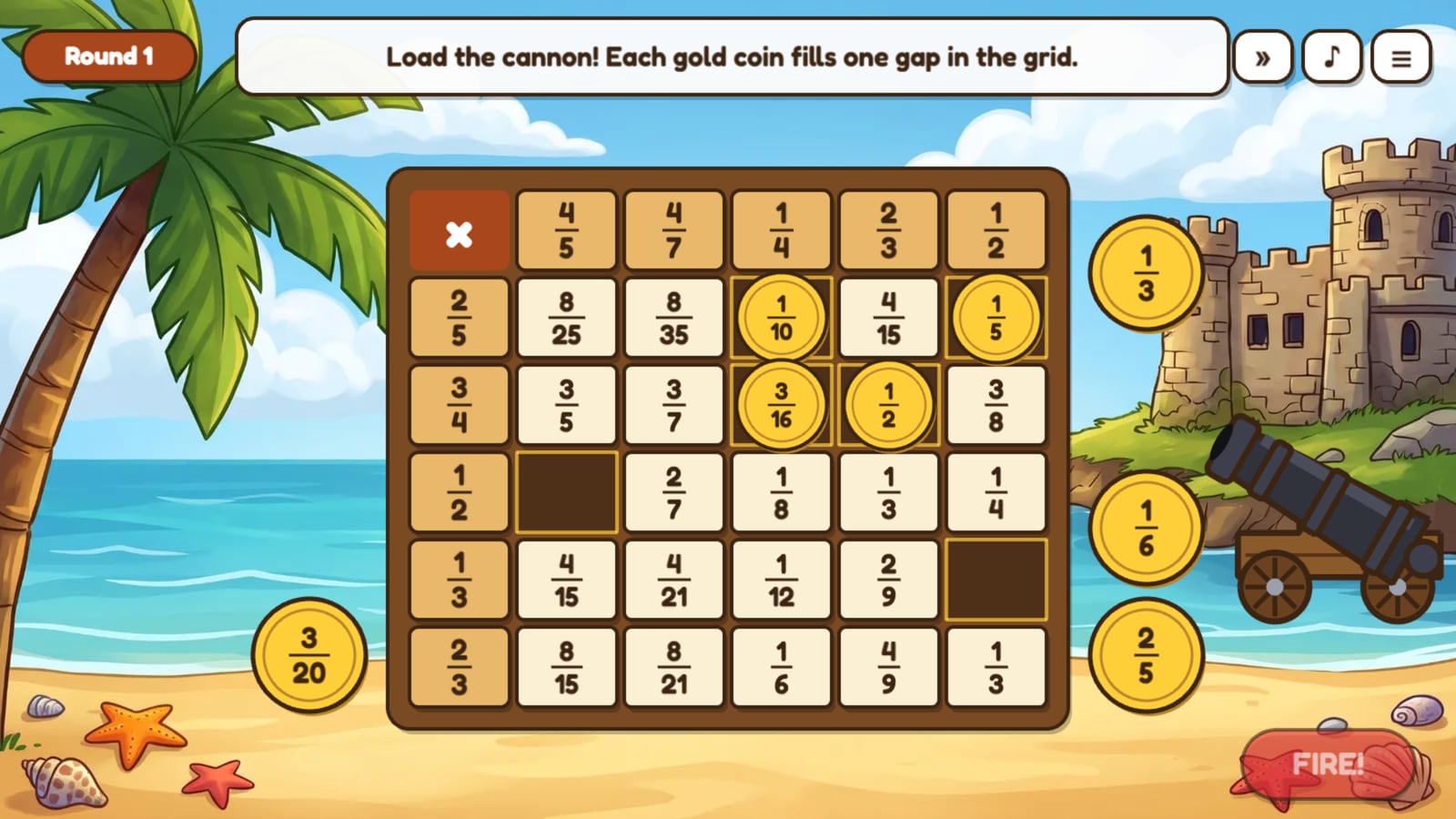 The Cannon: a fraction multiplication table with gold coins in some cells, more coins on each side and a cannon aimed at a fort.