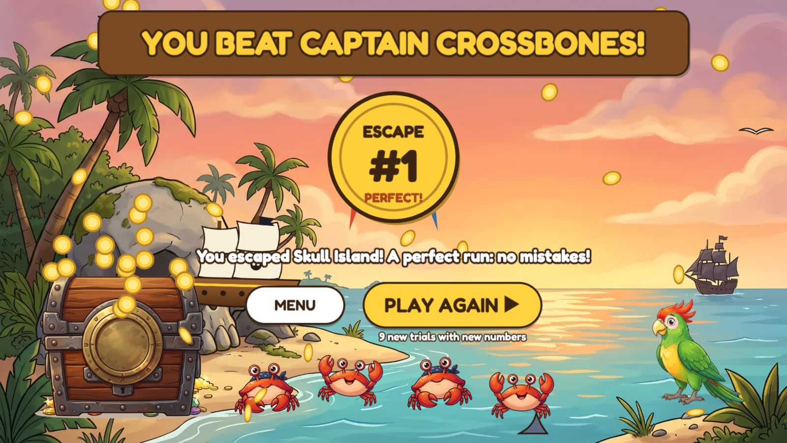 The escape screen: You beat Captain Crossbones! A gold medal reads Escape #1, Perfect. Coins burst from a treasure chest, crabs dance and a Play Again button invites students to escape again.
