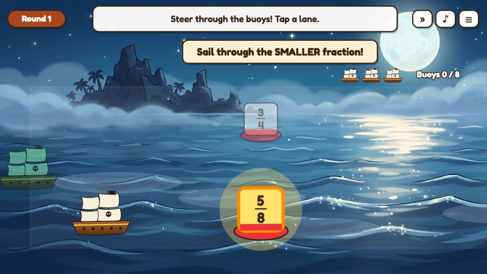 The Fog Bank: a pirate ship at night steers towards a pair of buoys, one lit up gold, while a ghost ship follows.