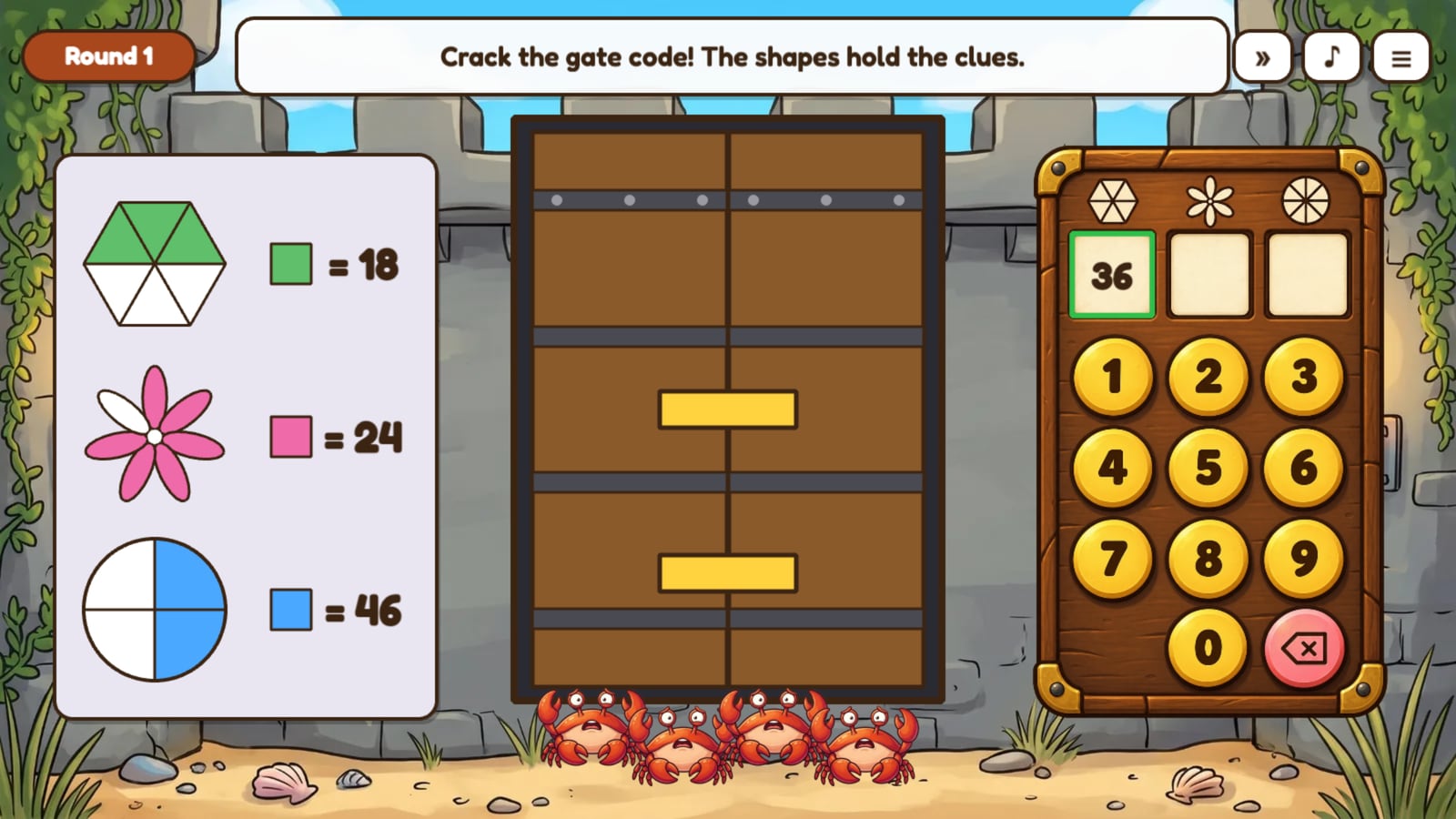 The Fort Gate: a hexagon, a flower and a circle with shaded parts, each worth a number, a wooden gate with gold bolts and a keypad.