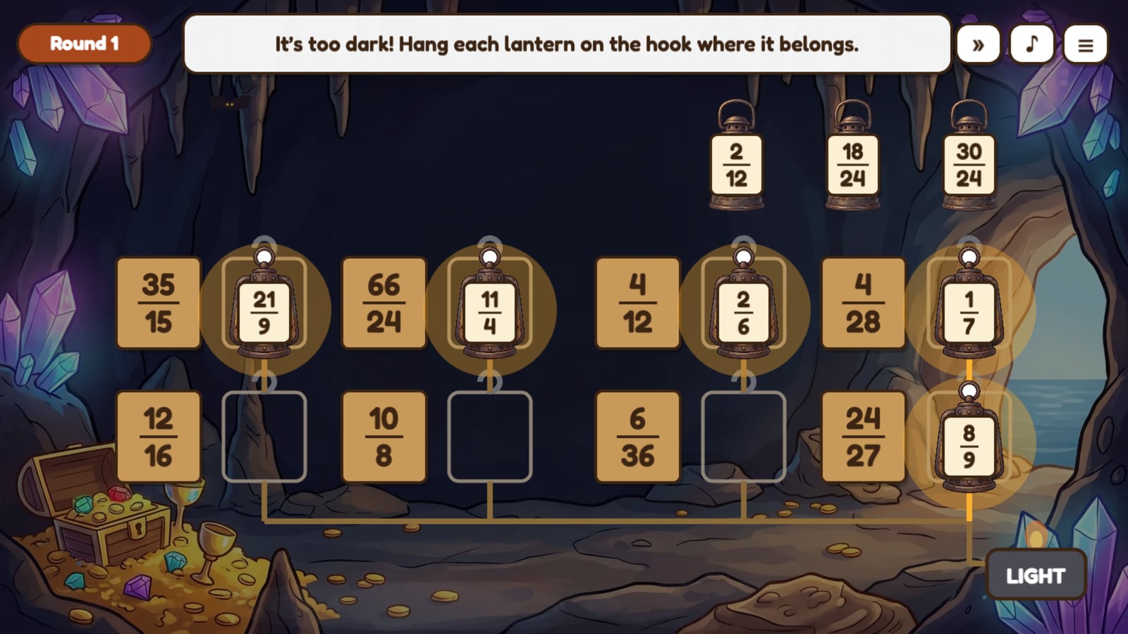 Lantern Cave: lanterns with fractions hang beside wooden signs with equivalent fractions in a dark crystal cave.