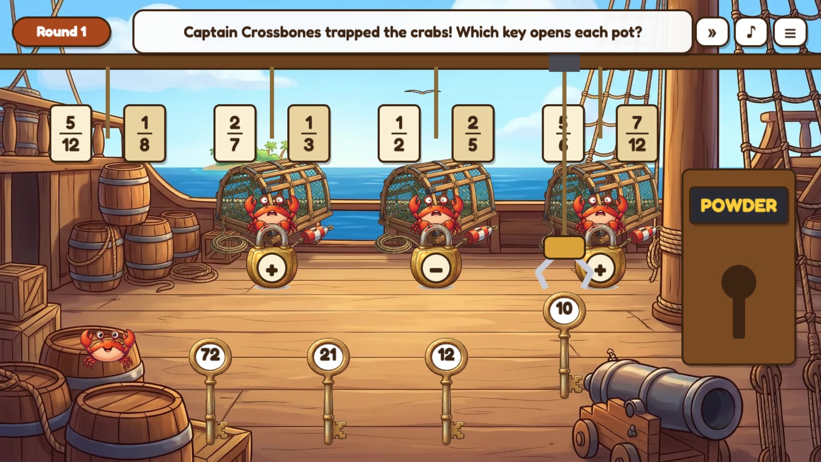 The Lobster Pots: crabs in wooden lobster pots with fraction tags and padlocks, and numbered keys on the deck below.