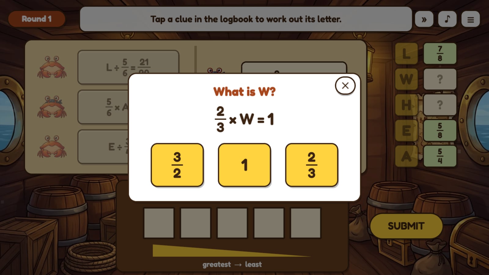 The Captain's Logbook: a clue card asks for a letter's value in a fraction equation, with three answers to choose from.