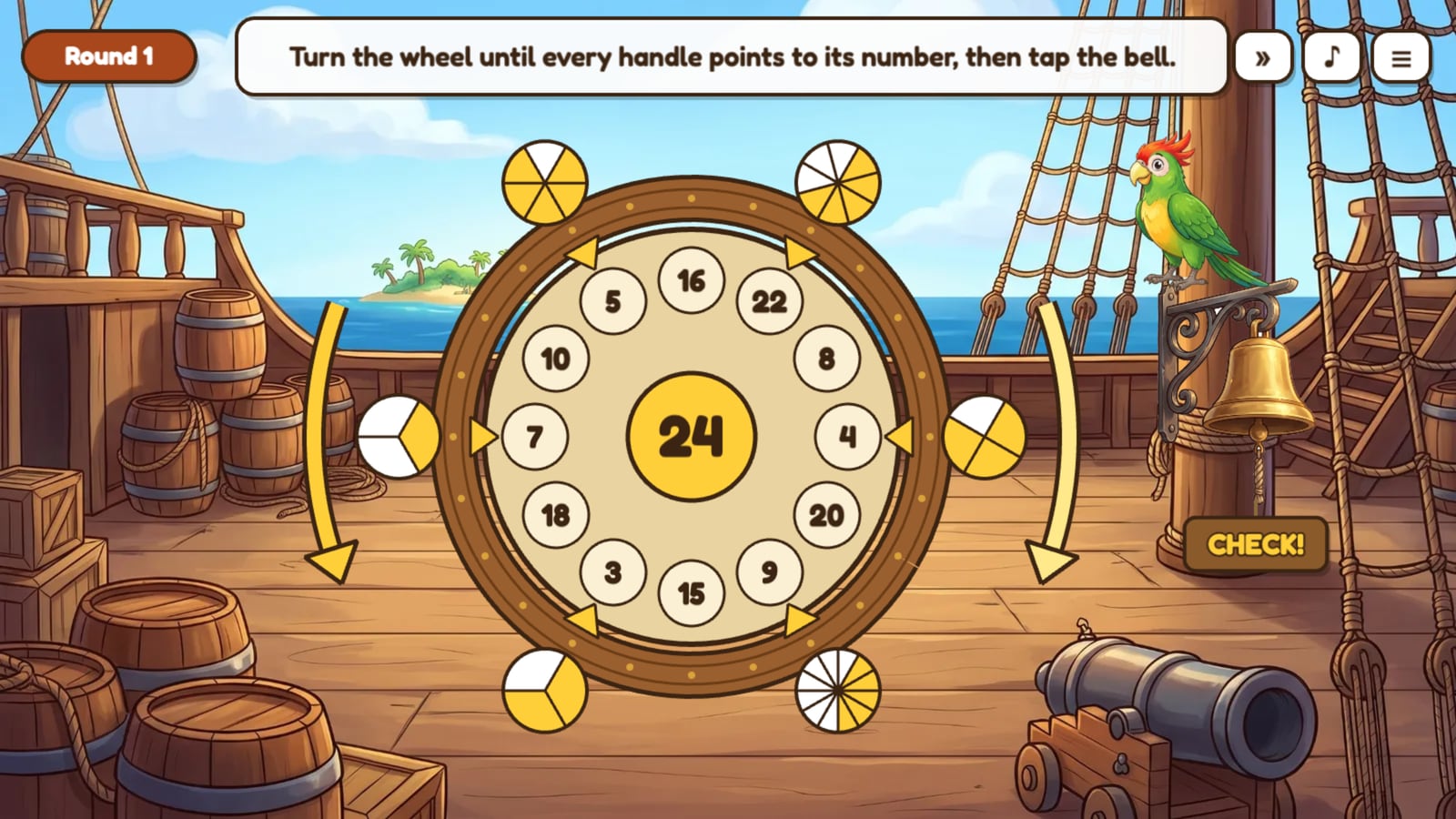 The Ship's Wheel: a wheel with fraction pies on its handles turns around a dial of numbers, with a number in the middle and a bell to ring.