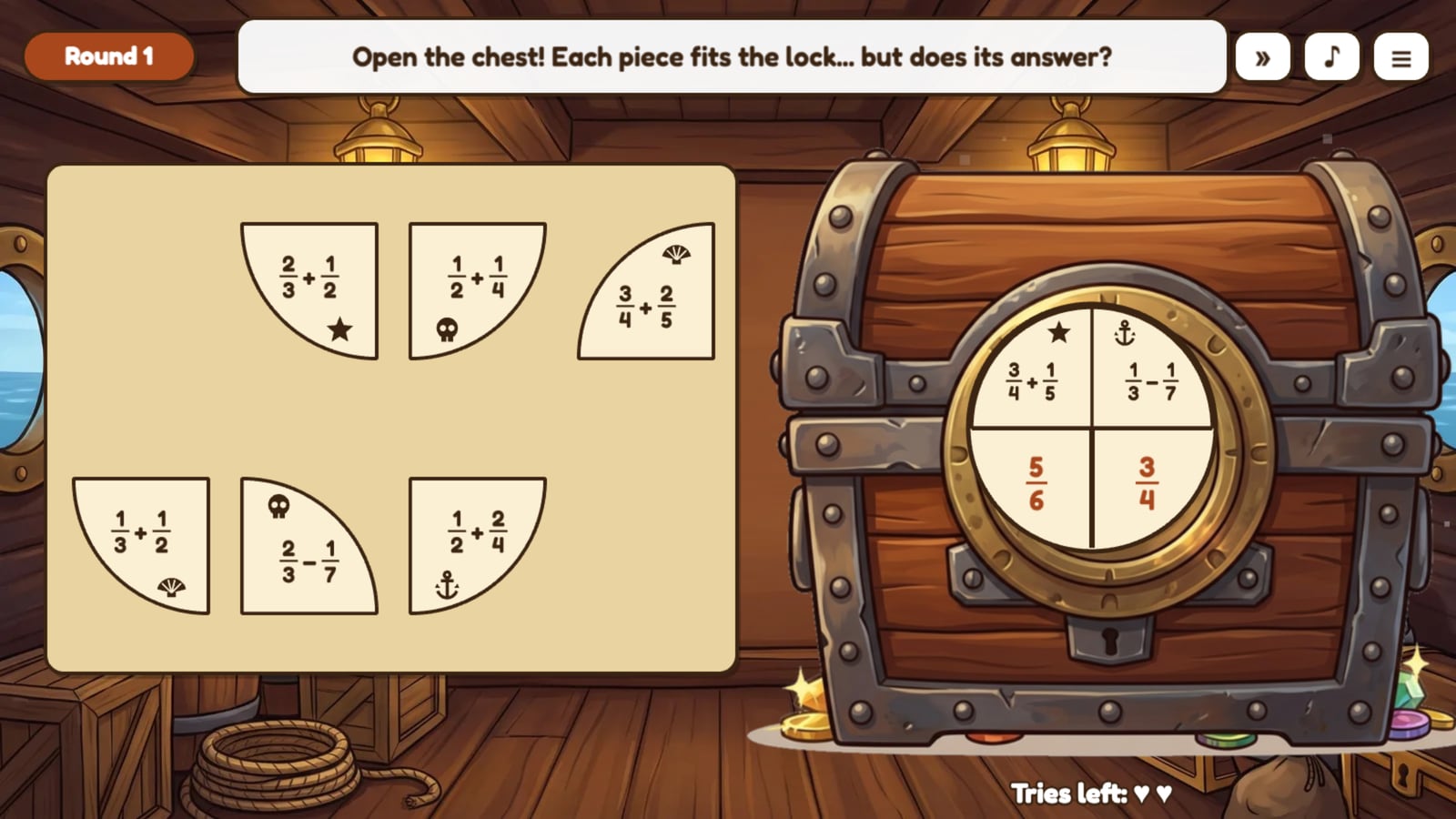 The Treasure Chest: quarter-circle pieces with sums and differences of fractions, and a chest with a round brass lock showing answers in each quarter.