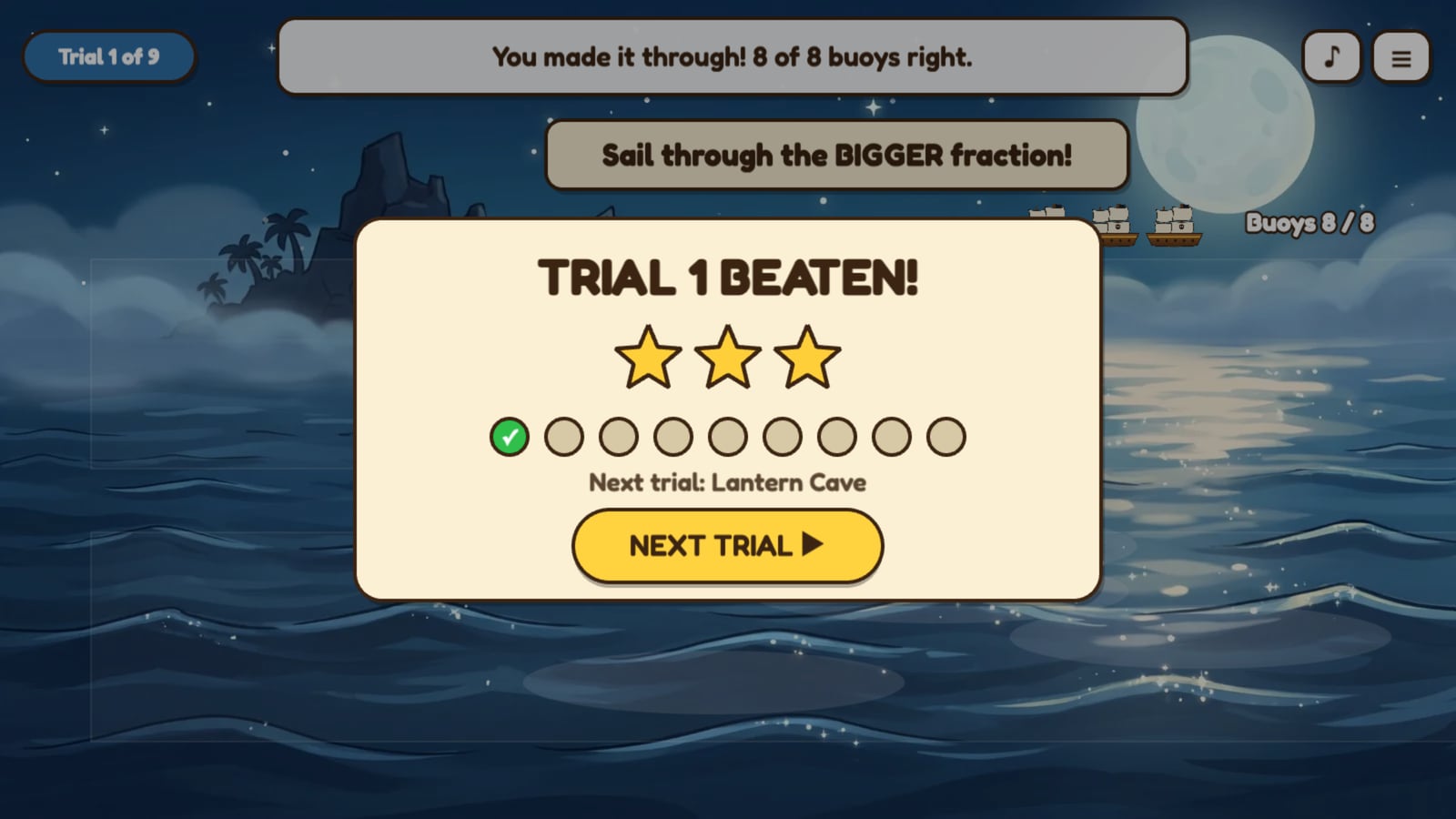 A Trial 1 Beaten card with three stars and nine progress dots, the first one ticked, and a Next Trial button.