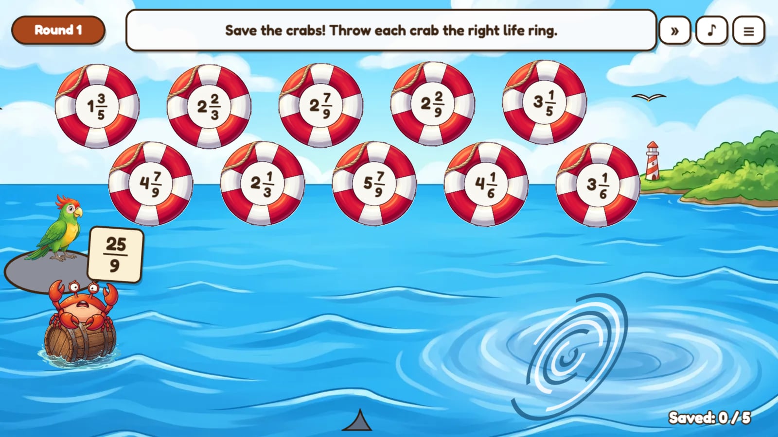 The Whirlpool: a scared crab on a barrel holds a sign with an improper fraction while ten life rings show mixed numbers, and a whirlpool swirls in the sea.