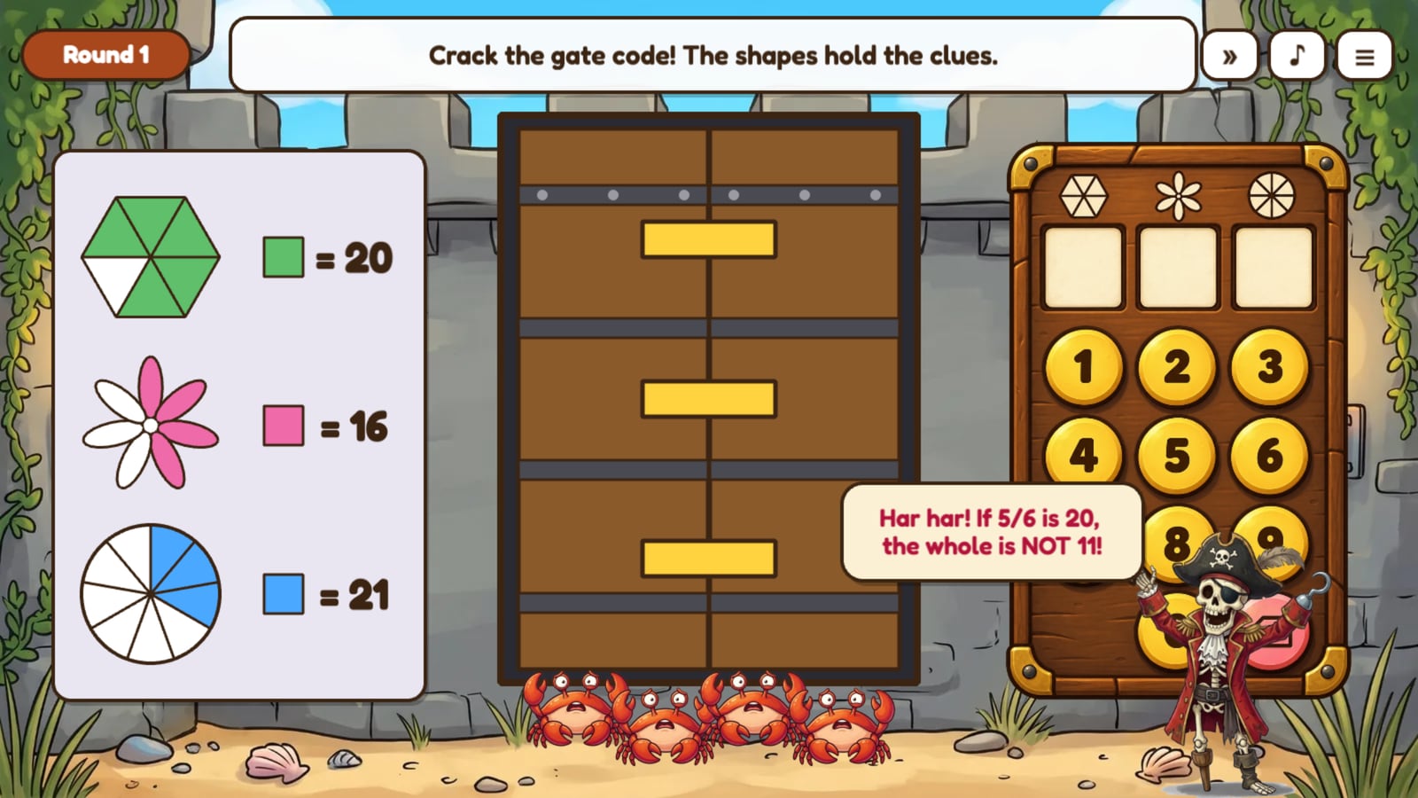 Captain Crossbones pops up next to the Fort Gate keypad with a hint about the wrong answer.