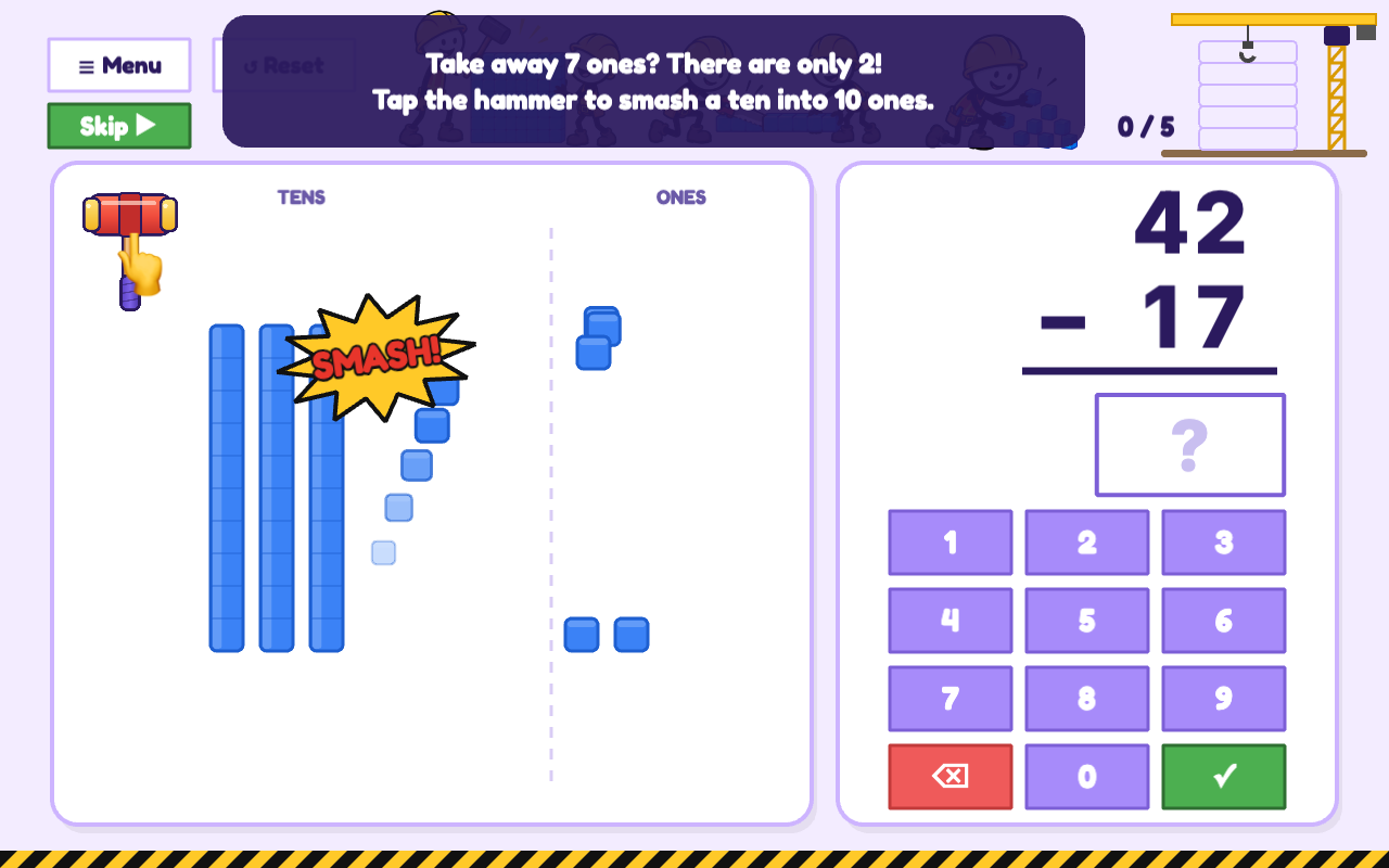 The How to play demo: a pointing hand taps the hammer while a caption explains the step