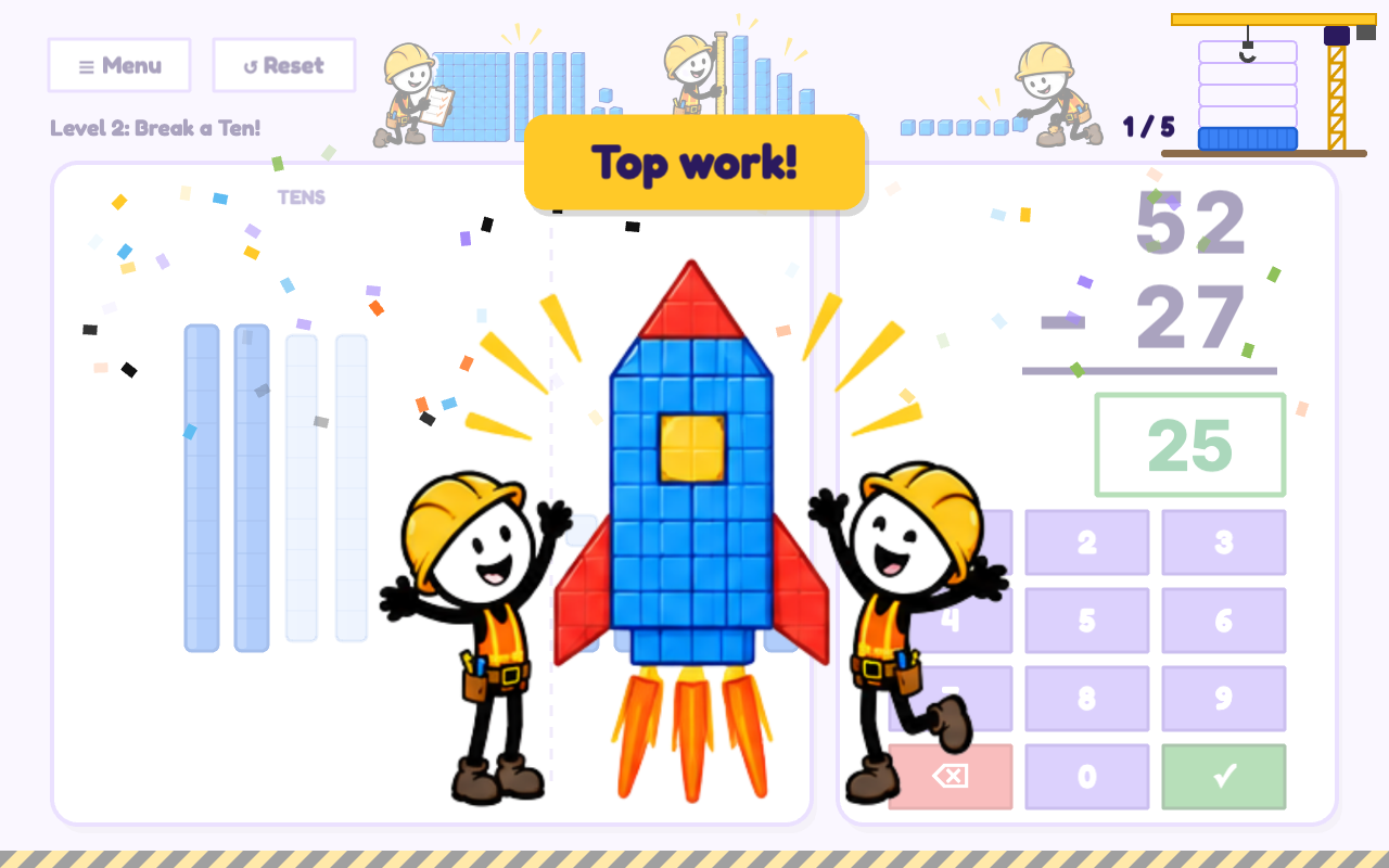 Two cheering builders beside a rocket made of base-ten blocks, with the banner Top work!