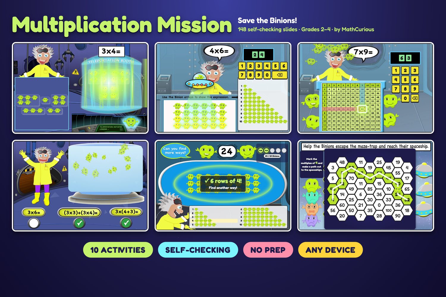Multiplication Mission self-checking digital version: teleport groups, build arrays, the times table, matching expressions, building numbers and the maze-trap